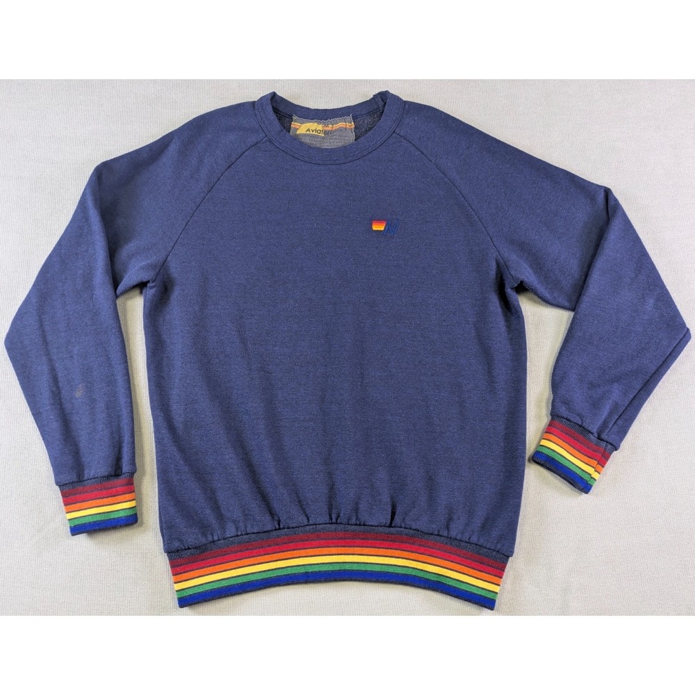 Aviator Nation Sweatshirt Mens Medium Blue Rainbow Rib Pullover Crew Neck Retro